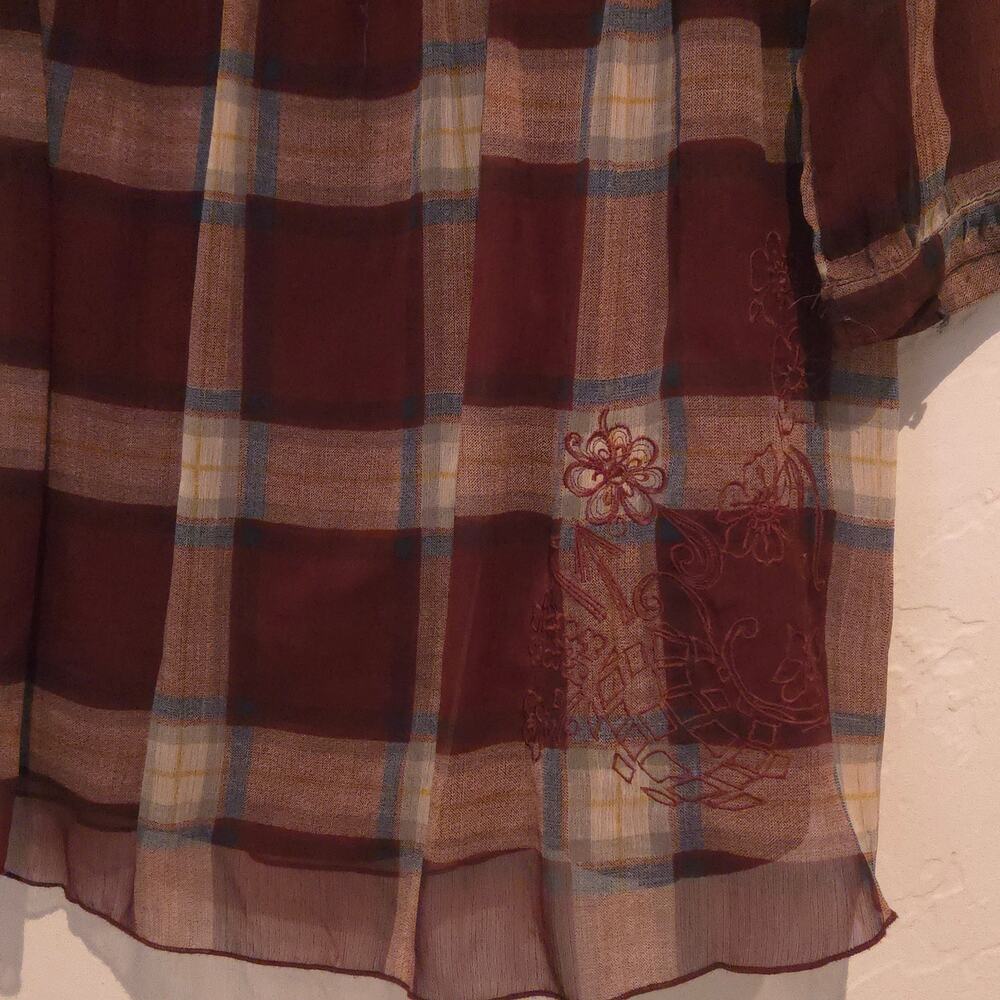 Desigual Empire-Waist Burgundy Plaid Embroidered Fringe Peasant Top Tunic -Sz L - Picture 8 of 15
